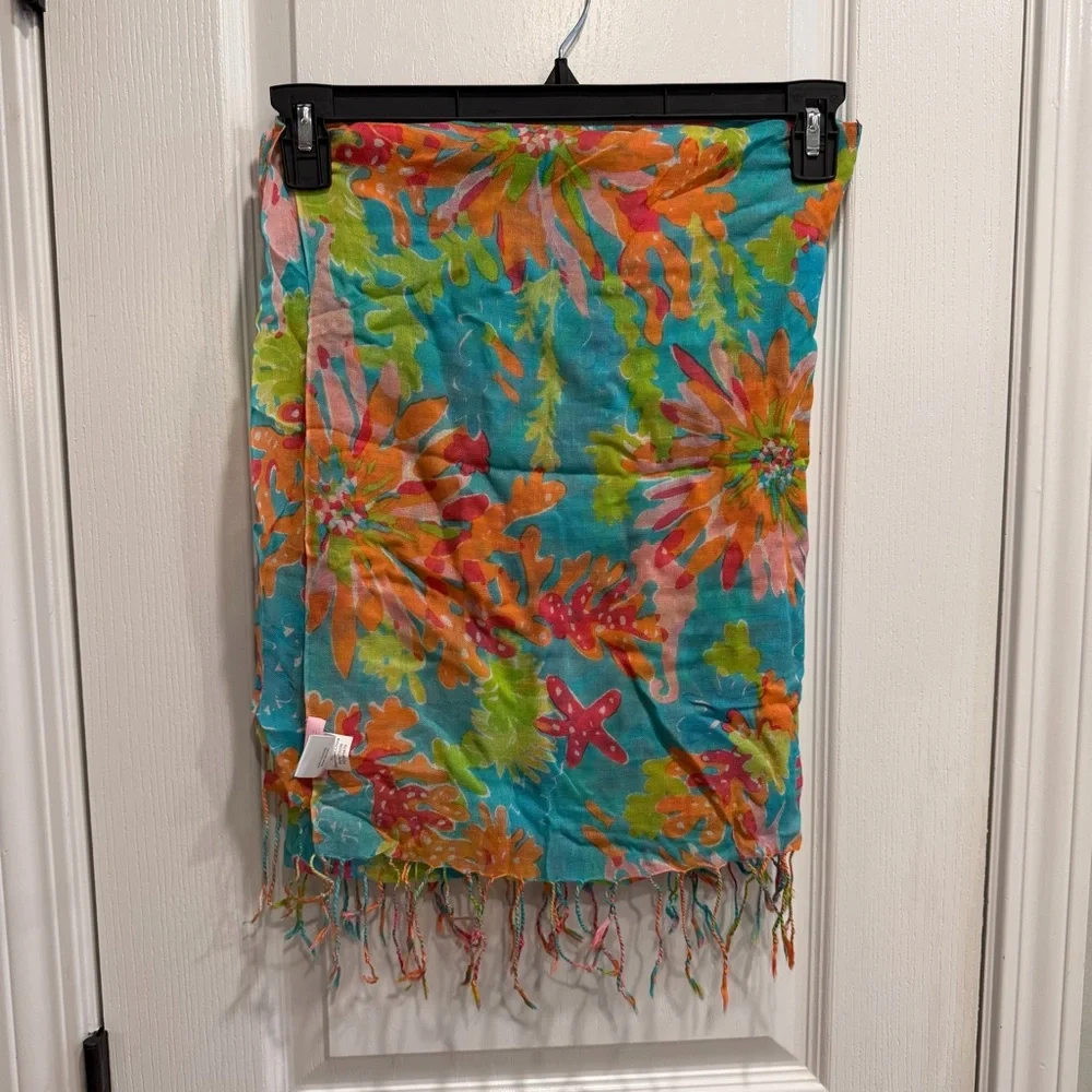 Lilly Pulitzer Murfee Crystal Waters Trippin & Sippin Fringe Scarf Silk Cashmere